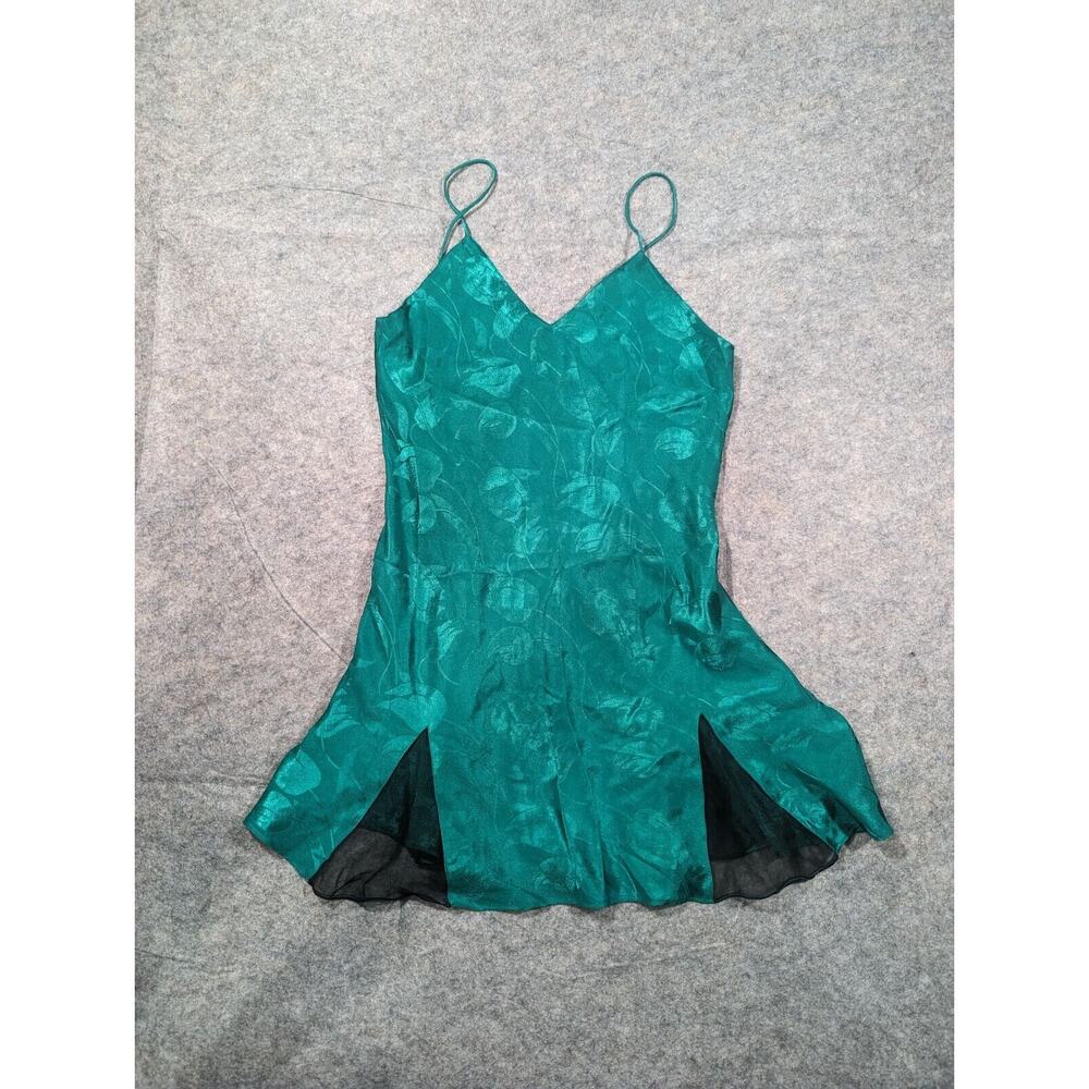 Vintage Victoria's Secret Green Silky Floral Slip Dress Sz Medium Flowy Lingerie